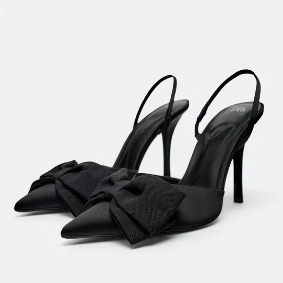 Zara Black Slingback Heels with Bow - Picture 7 of 7